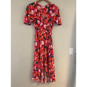 Abel the Label Floral High Low Midi Dress Orange Pink Smocked Waist Small